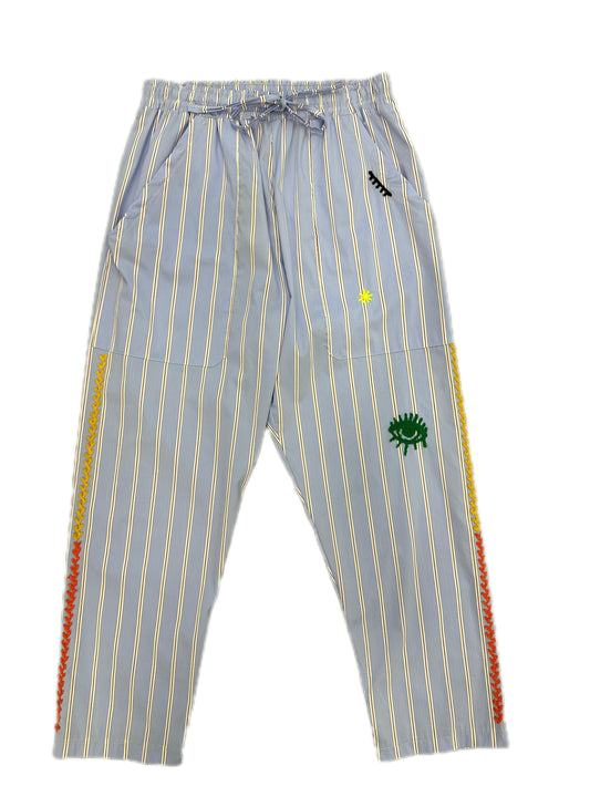 Embroidered stripes blue elastic Pant - KIDDING | Kids | Teens | Moms