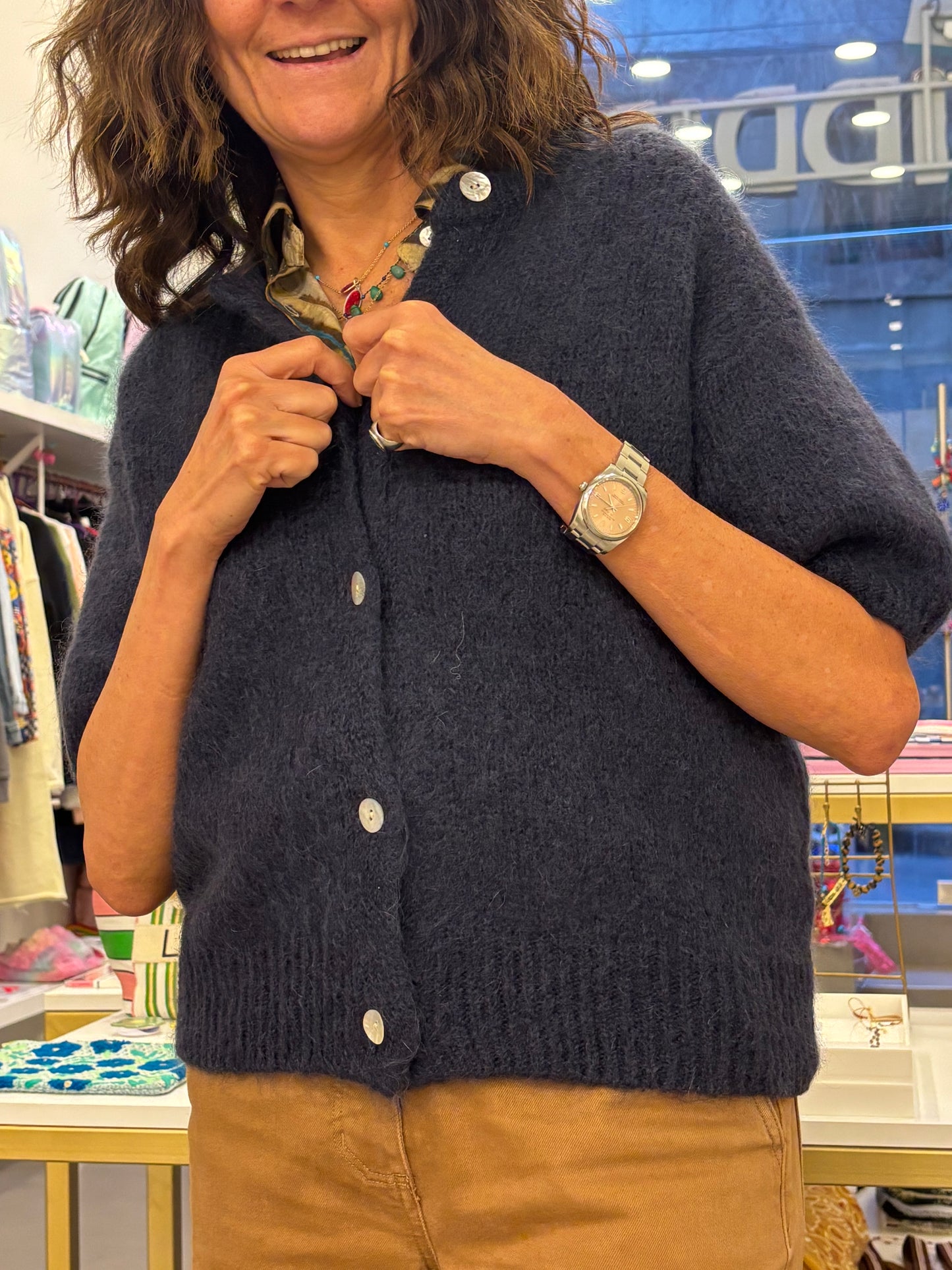 Short Sleeves marine mohair Cardigan