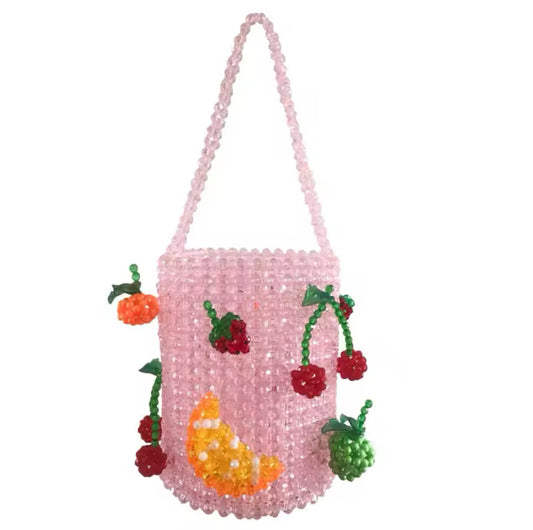 Hand-Woven fruity pink beaded Bucket Bag