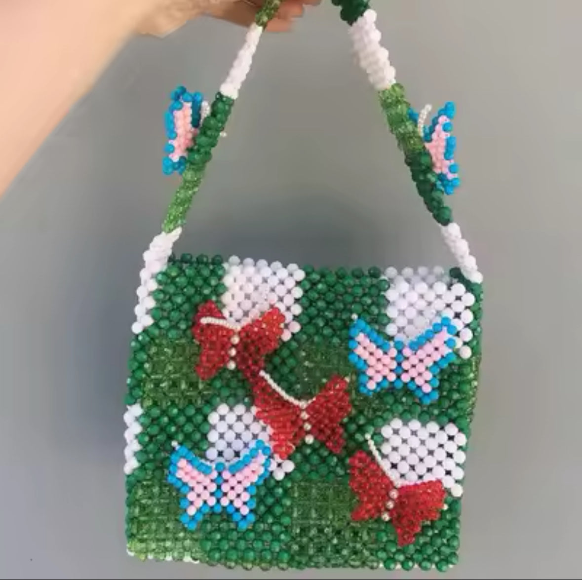 Hand-Woven green butterfly beaded Bag