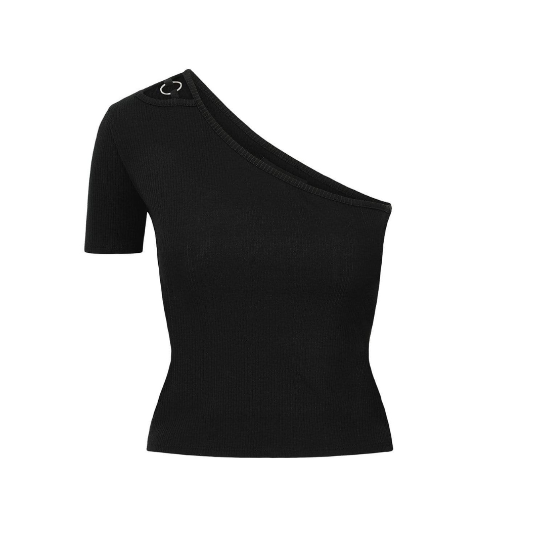 Black Short Sleeve One Shoulder Top