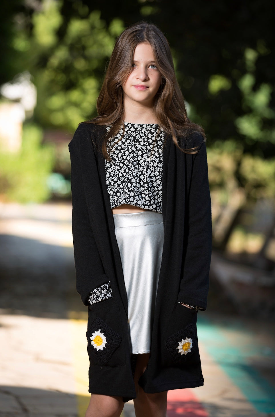 Black Long Cardigan with Handmade Crochet Pockets - KIDDING | Kids | Teens | Moms