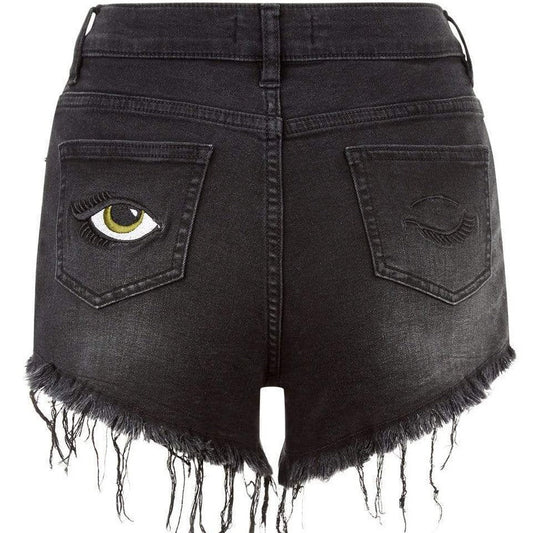 Black Stretch Denim Shorts With Embroidered Eyes - KIDDING | Kids | Teens | Moms