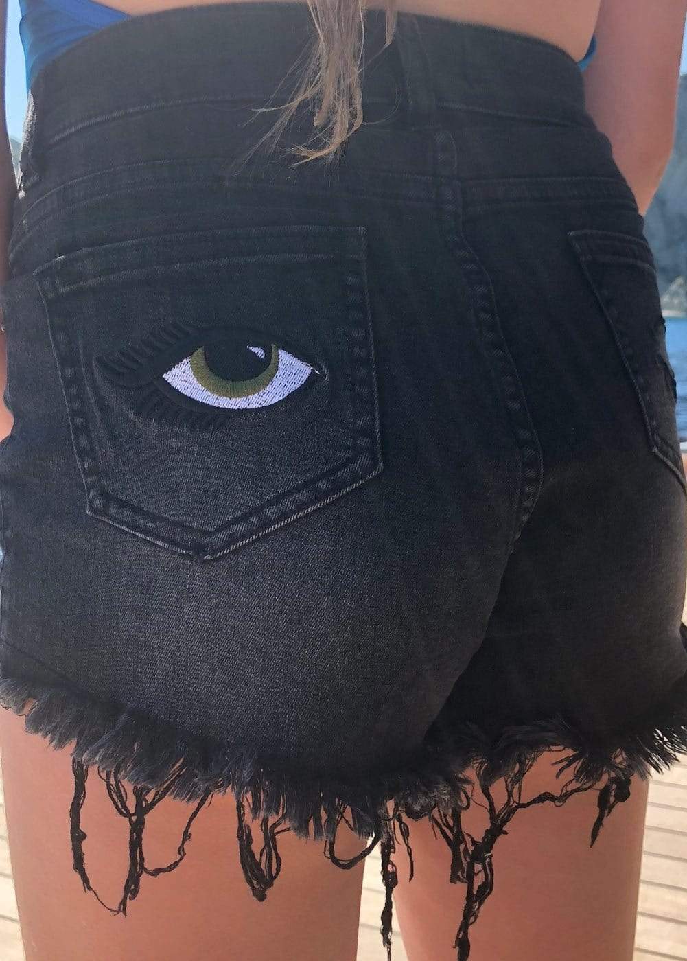 Black Stretch Denim Shorts With Embroidered Eyes - KIDDING | Kids | Teens | Moms