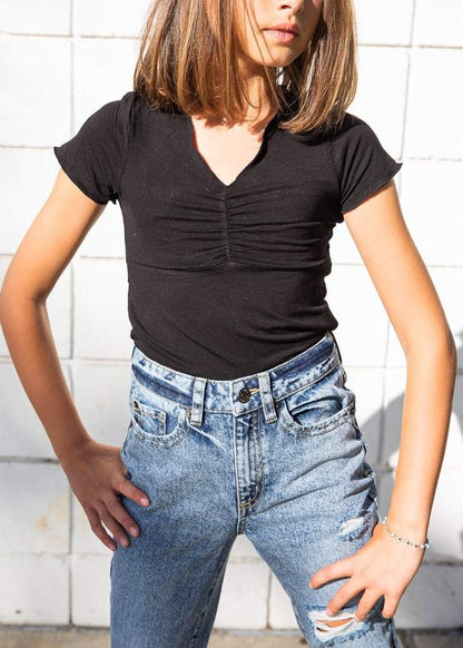 Girls Black V-neck Ruched Top - KIDDING | Kids | Teens | Moms