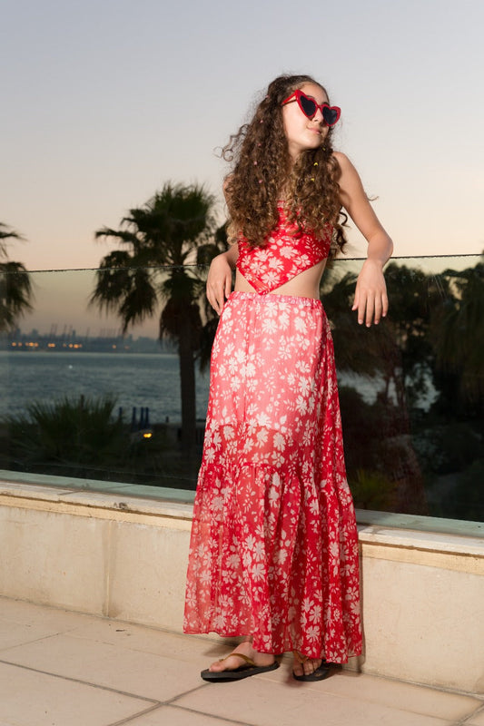 Long Gypsy Red Flower Skirt - KIDDING | Kids | Teens | Moms